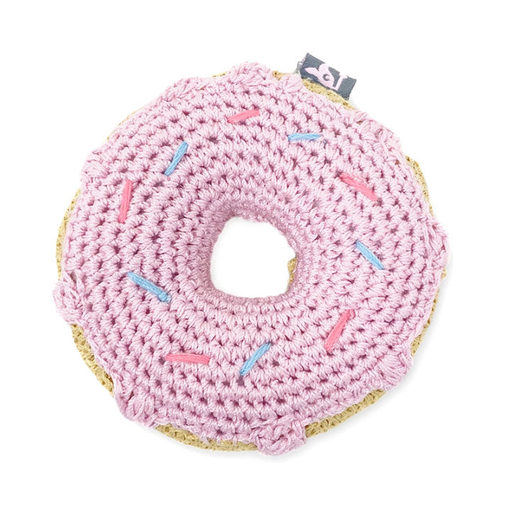pink donut crochet dog toy