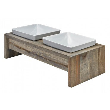 Pet Boutique - Dog Dining - Dog Bowl - Artisan Double Wood Feeder: Fossil