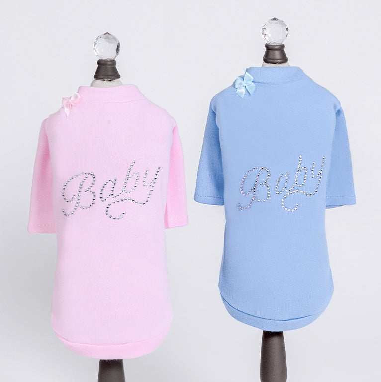 Hello Doggie Baby Tee Dog Shirts that come in pink and blue, the word baby written in rhinestones and has a bow at the top shoulder