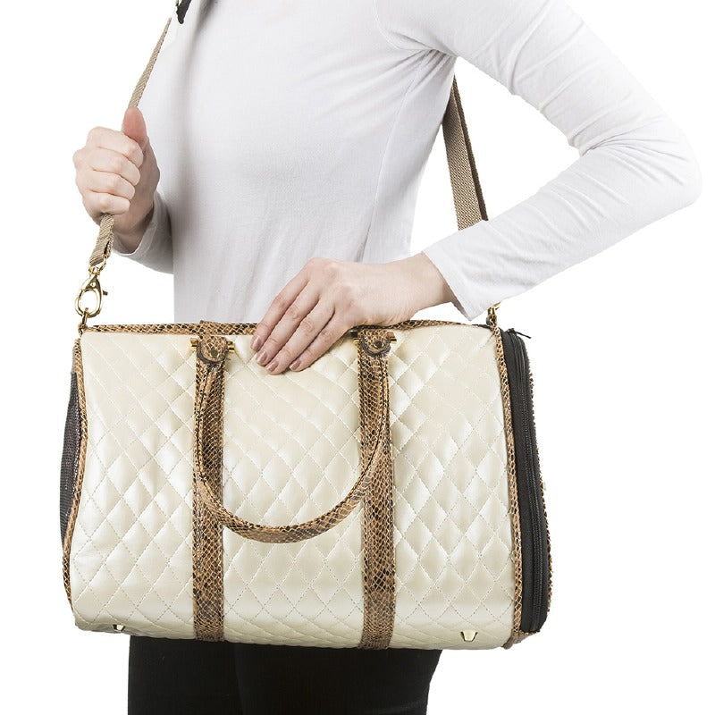 Designer Dog Carrier - Ivory Quilted Duffel Dog Carrier by Petote
