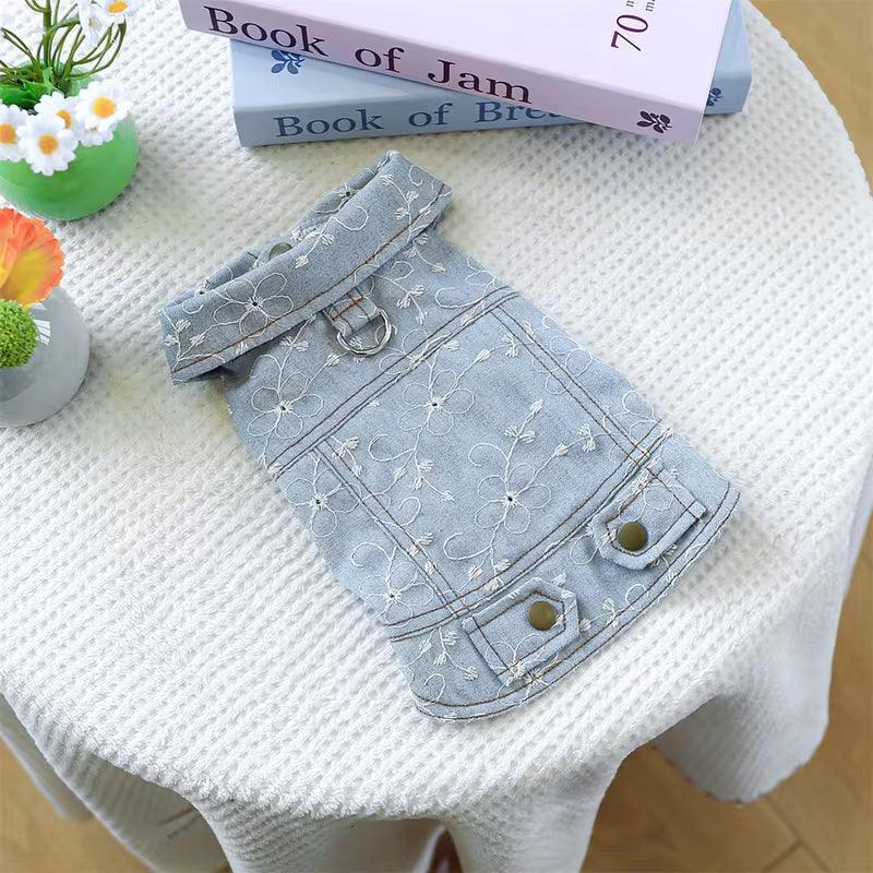Flower Embroidered Dog Jean Jacket