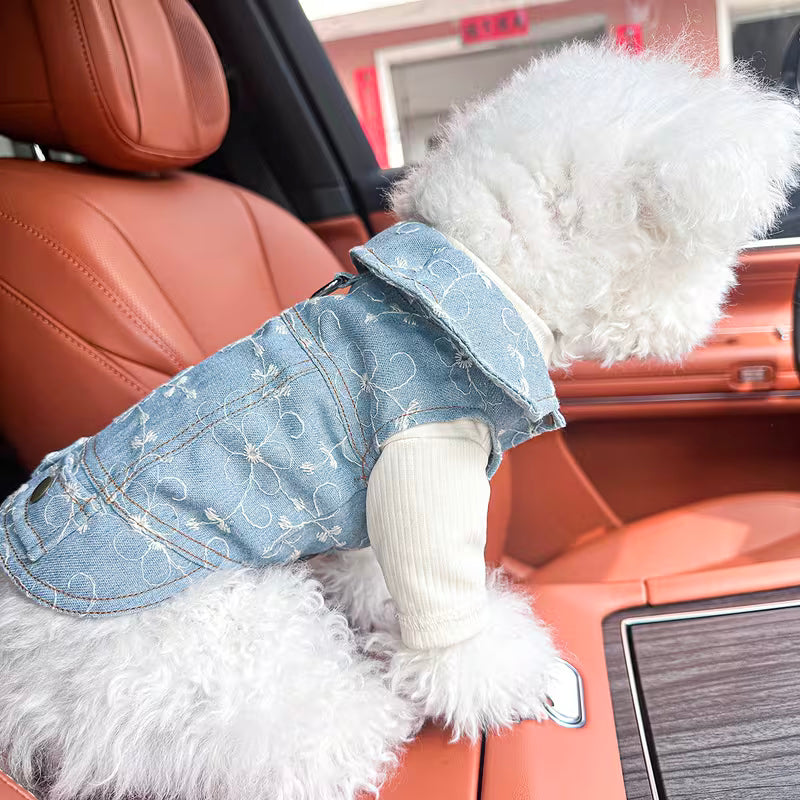 Flower Embroidered Dog Jean Jacket