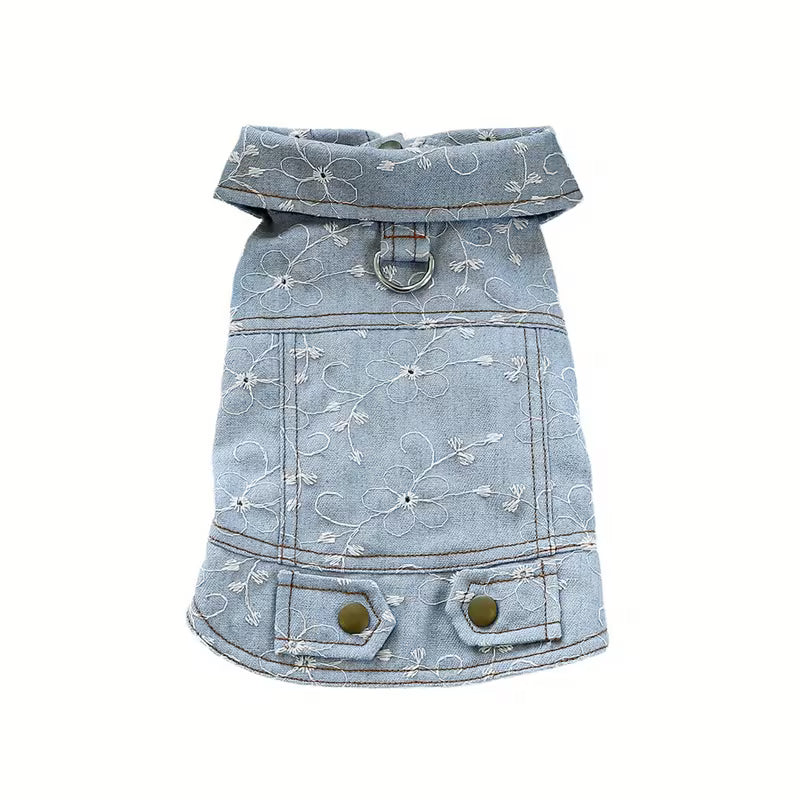 Flower Embroidered Dog Jean Jacket