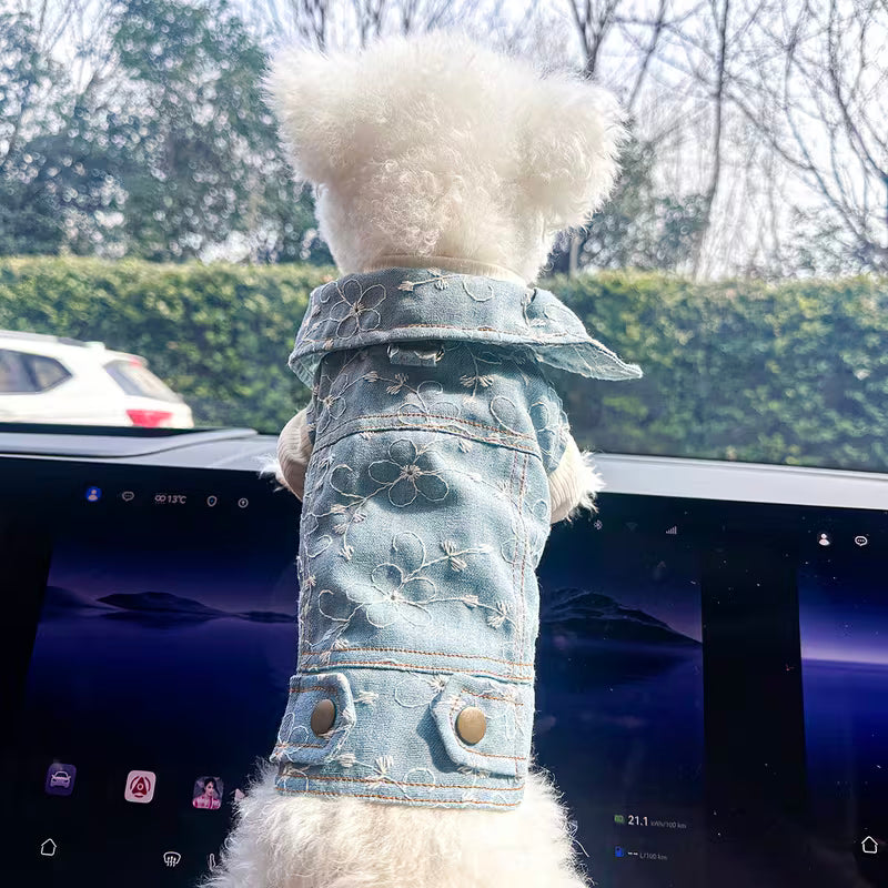 Flower Embroidered Dog Jean Jacket
