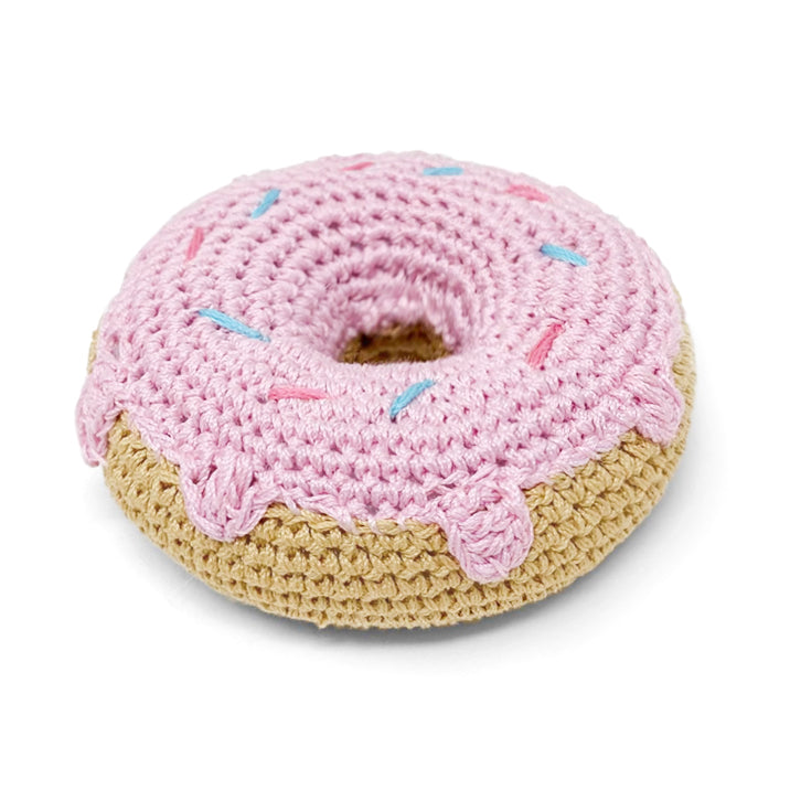 pink crochet donut dog toy for small dogs