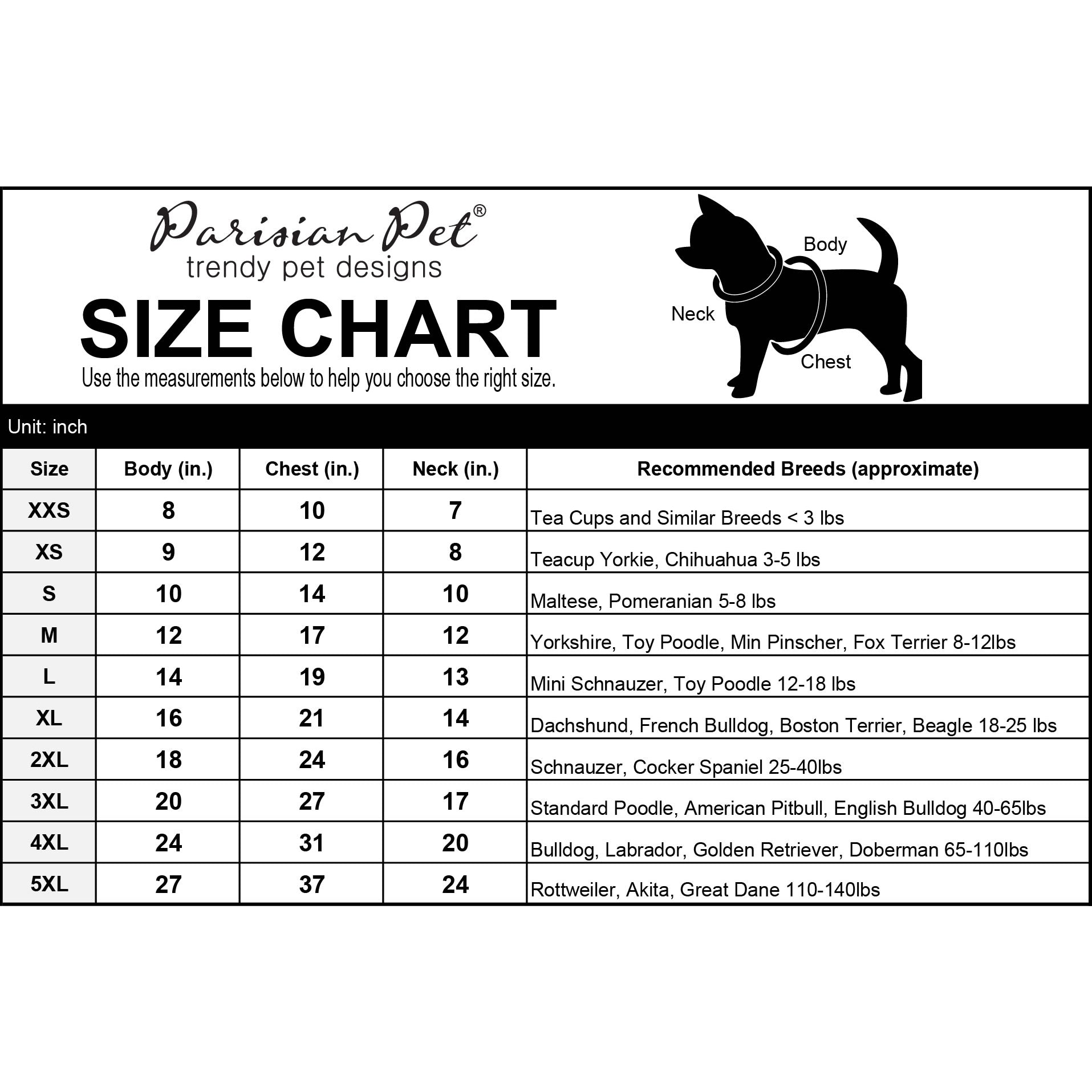 Santa's Suede Dog Hoodie Size Chart