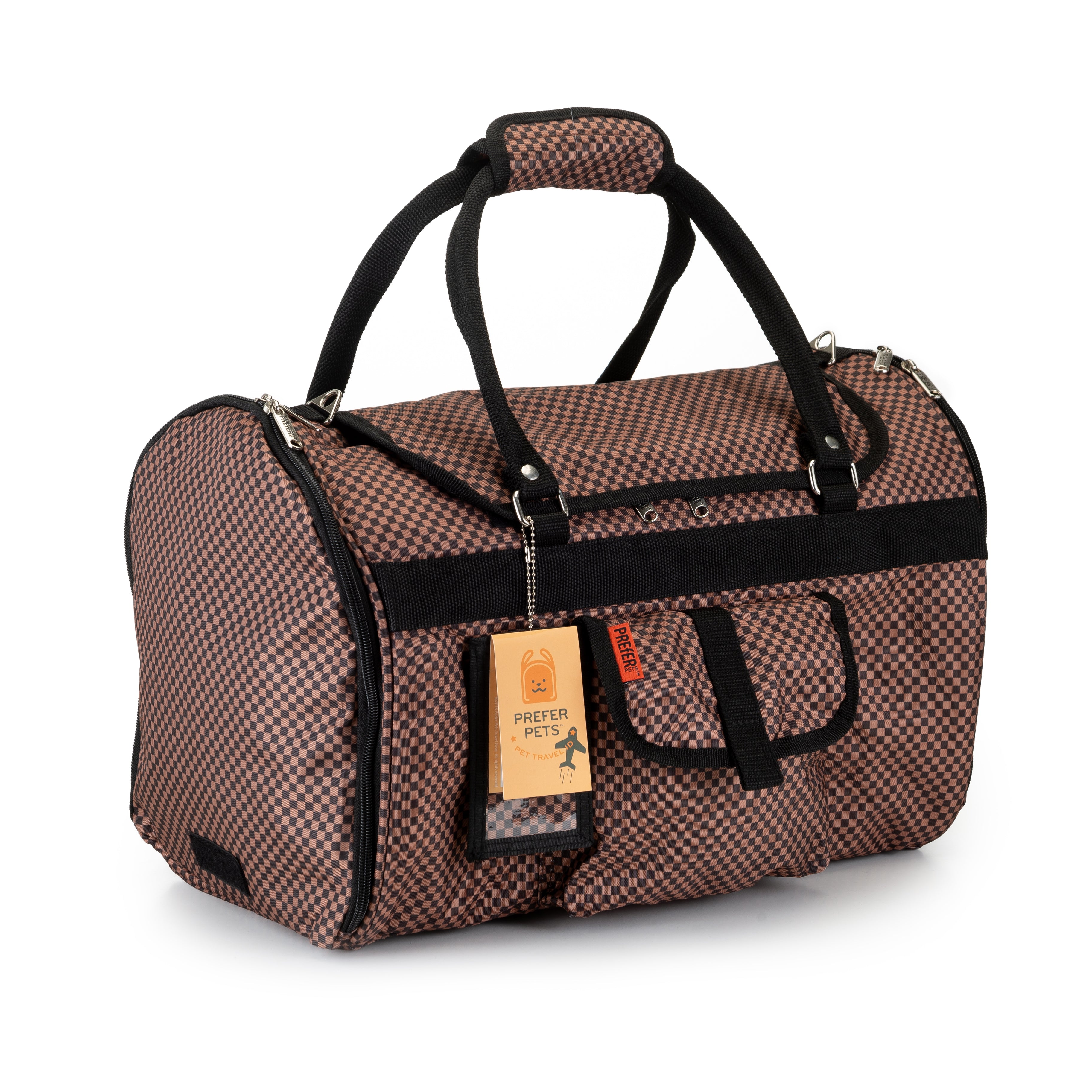 Designer Dog Carriers - Brown Checkered Hideaway Duffel Dog Carrier by Prefer Pets