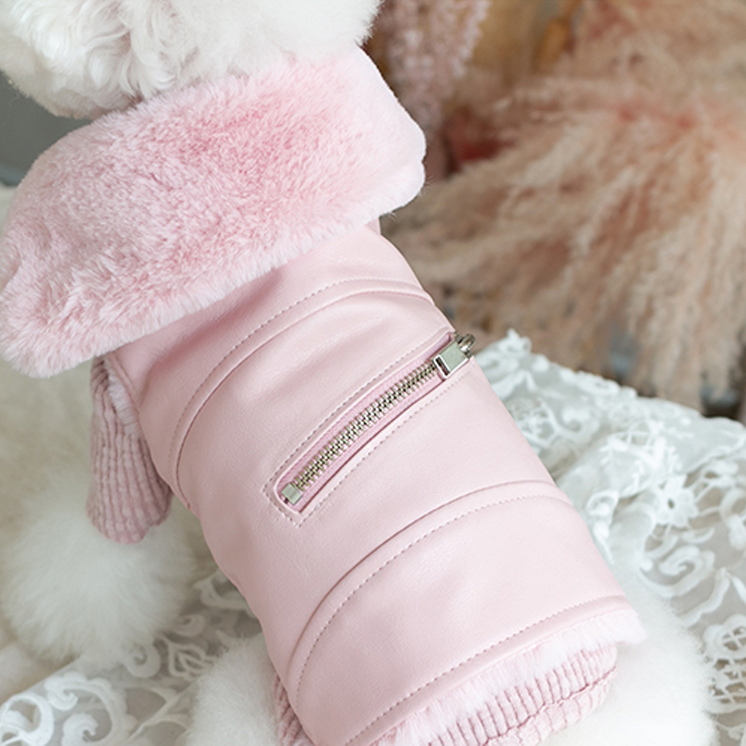 Designer Dog Clothes - Faux Fur Dog Biker Jacket: Pink