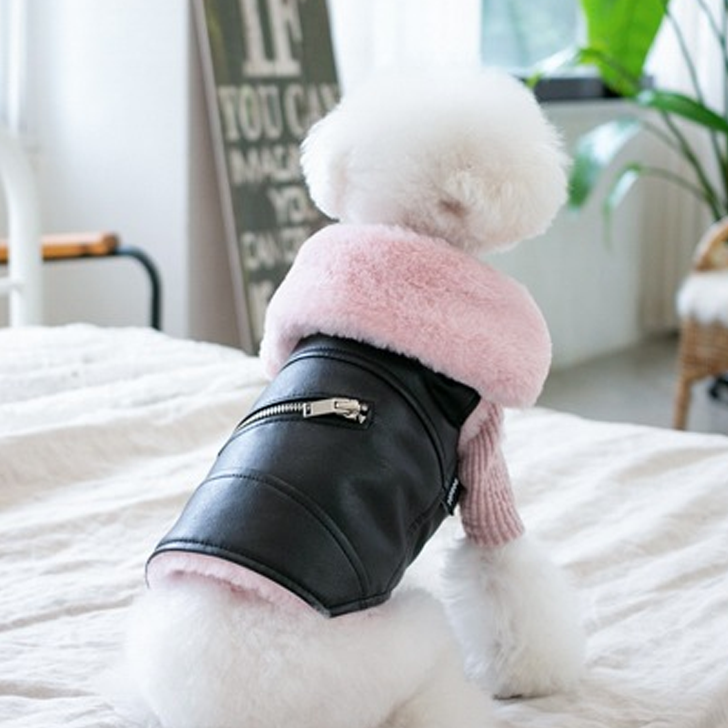 Designer Dog Clothing - Faux Fur Dog Biker Jacket: Black