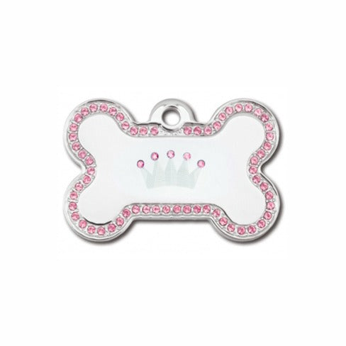 Dog ID Tag - Chrome Pink Crown Bling Bone Pet ID Tag with Swarovski™ crystals by Hillman Group